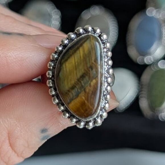 Brown Teardrop Sterling Silver Ring Retro Vintage Boho Natural Stone Size 5 - Picture 1 of 7